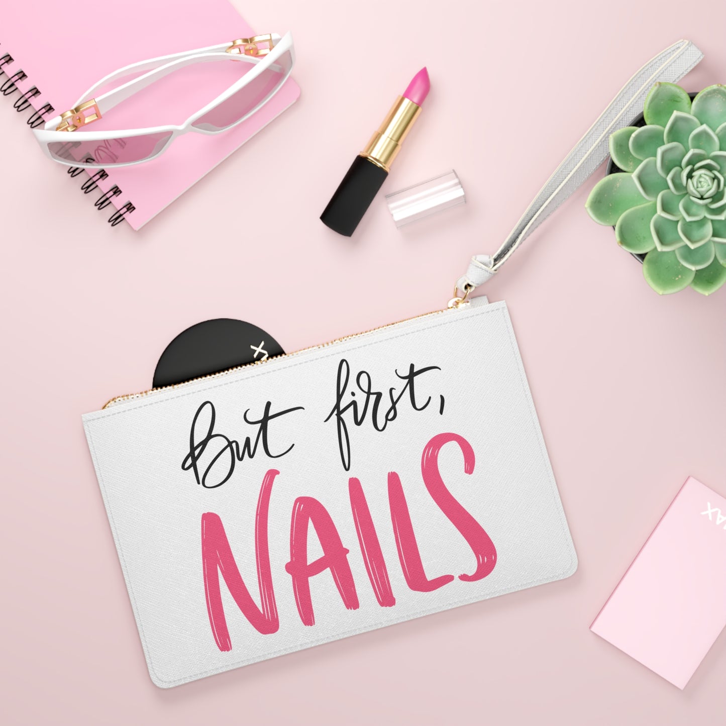 Pink Glam Studio But First Nails Clutch Bag | Vegan Leather | Hippsey Creations